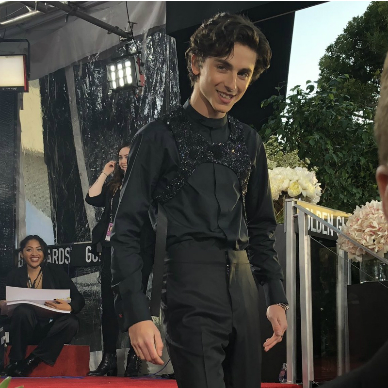 Timothée Chalamet Wears Louis Vuitton ‘Embroidered Bib’ and Not a Harness at Golden Globes 2019 ...
