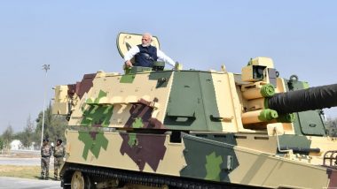 Narendra Modi Rides K-9 Vajra Self Propelled Howitzer Built by L&T in Hazia; Watch Video