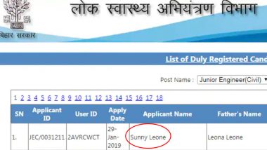 Sunny Leone Applies For PHED Bihar Junior Engineer Exam 2019!