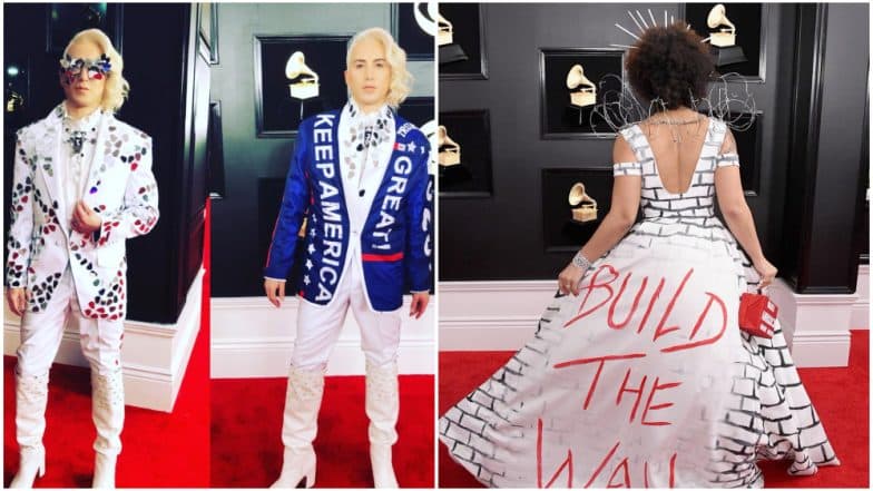 Singer wears 'Build the Wall' dress on Grammy red carpet Singer wears 'Build the Wall' dress on Grammy red carpet