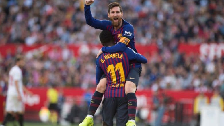 Lionel Messi Scores 50th Hat-Trick of His Career, Helps Barcelona Beat Sevilla by 4-2 at La Liga 2018-19 Lionel Messi Scores 50th Hat-Trick of His Career, Helps Barcelona Beat Sevilla by 4-2 at La Liga 2018-19