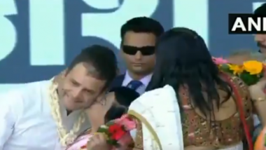 On Valentine’s Day, Rahul Gandhi Gets Kiss From Woman on Stage During Rally in Valsad, Watch Video