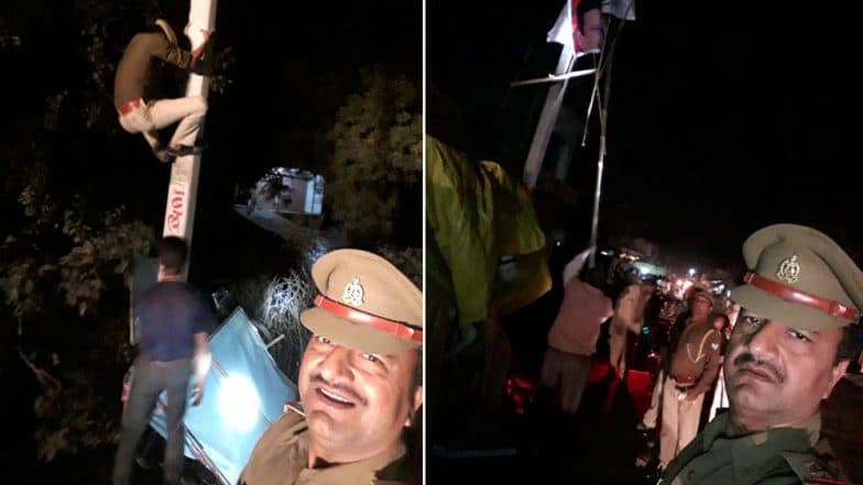 Unnao Shocker: UP Police Sub-Inspector Makes Constable Climb Electricity Pole to Remove Poll Posters While He Enjoys ‘Selfies’ Unnao Shocker: UP Police Sub-Inspector Makes Constable Climb Electricity Pole to Remove Poll Posters While He Enjoys ‘Selfies’