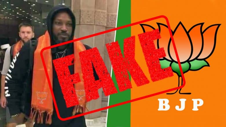 Is Chris Gayle Joining BJP Ahead of Lok Sabha Elections 2019? Know the Truth About Pic of Caribbean Cricketer in Saffron Stole Is Chris Gayle Joining BJP Ahead of Lok Sabha Elections 2019? Know the Truth About Pic of Caribbean Cricketer in Saffron Stole