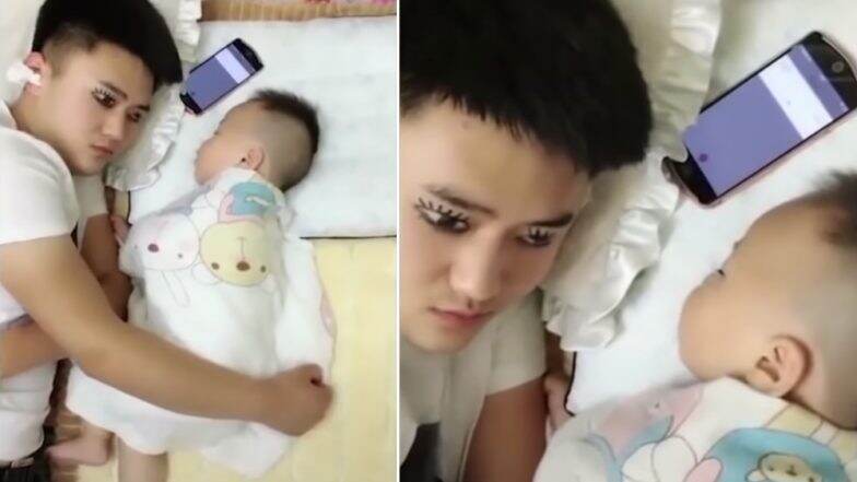 Dad Duties 101: Father Paints Fake Eyelids to Trick His Baby That He's Awake During a Nap, Watch Funny Video Going Viral Dad Duties 101: Father Paints Fake Eyelids to Trick His Baby That He's Awake During a Nap, Watch Funny Video Going Viral