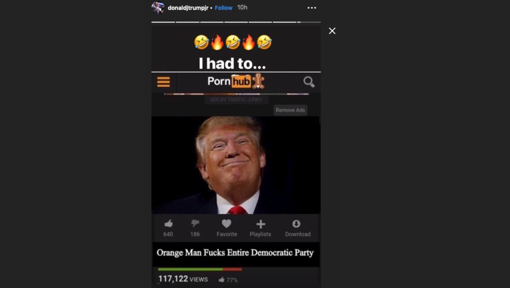 Pornhub Meme Of Donald Trump ‘orange Man F S Entire Democratic Party Shared By Trump Jr On