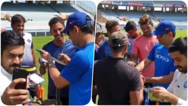 MS Dhoni Meets Fans Ahead of Ind vs Aus 3rd ODI 2019; Obliges Fans With Autographs, Selfies Ahead of Possible Hometown Farewell (Watch Video)