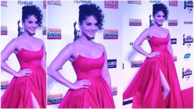 64th Vimal Filmfare Awards: Sunny Leone Flaunts Her Sexy Legs in This Off-Shoulder Red Gown - View Pics