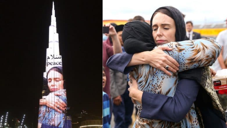 Burj Khalifa Displays Photo of New Zealand PM Jacinda Ardern Embracing Woman; Saudi PM Thanks Her for 'Sincere Empathy' Burj Khalifa Displays Photo of New Zealand PM Jacinda Ardern Embracing Woman; Saudi PM Thanks Her for 'Sincere Empathy'