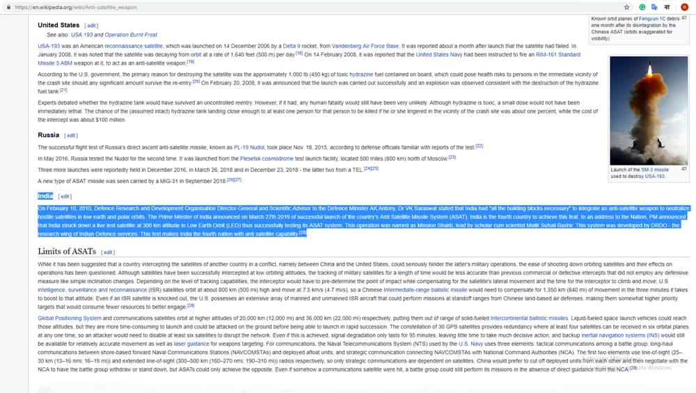 Screenshot of what the Wikipedia page on Anti-satellite weapons said. (Photo Credits: Wikipedia)