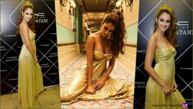 Disha Patani Cuts a Dreamy Figure in Golden Strapless Dress With Plunging Neckline at a Beauty Product Launch (View Pics)