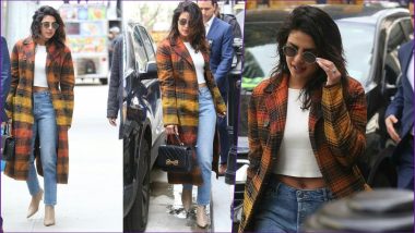 Priyanka Chopra Jonas Street Style: Actress Flashes Her Belly Ring While Sporting a Crop Top, Denim Bottoms and Plaid Coat (View Pics)