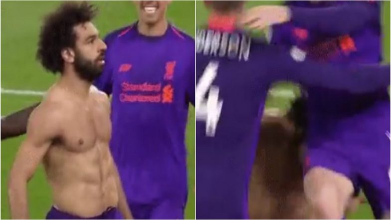 Mo Salah's 'Perfectly Timed' Duck During Goal Celebration With Liverpool Players Jordan Henderson and Andy Robertson Sweeps Premier League Football Fans (Watch Video)