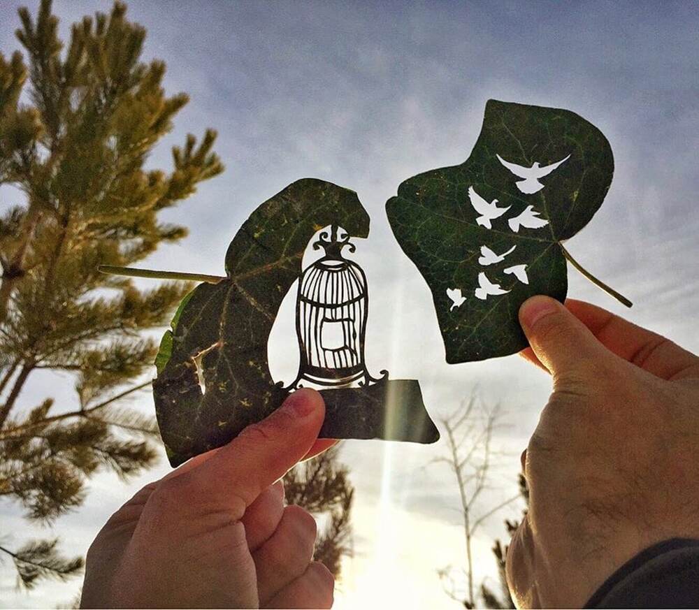 Lovely depiction of freedom carved out on a pair of leaves by artist Kanat Nurtazin. Lovely depiction of freedom carved out on a pair of leaves by artist Kanat Nurtazin.