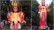 Massive Foldable Hanuman Ji Statue Holding Shree Ram and Sita Ji on a Busy Indian Street Goes Viral on Rama Navami; Watch Video