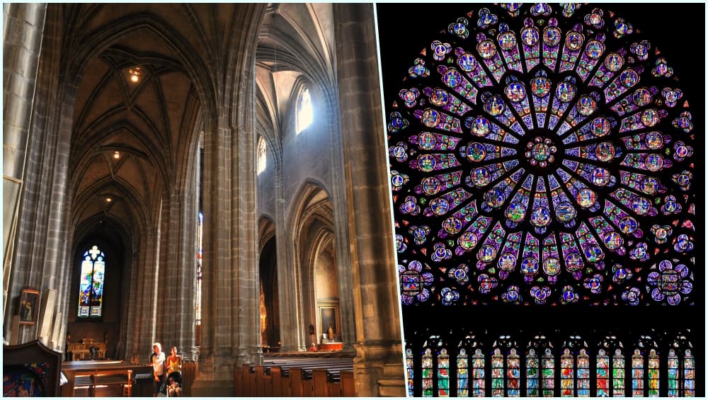 The columns of the cathedral (left) and the stained-glass art (right) The columns of the cathedral (left) and the stained-glass art (right)