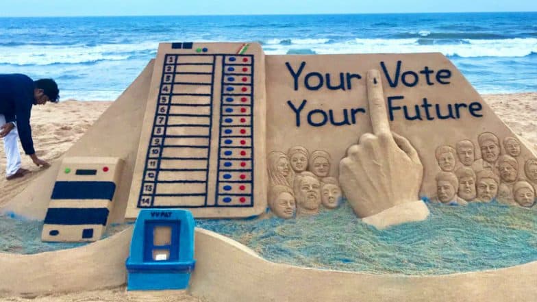 Lok Sabha Elections 2019: Sudarshan Pattnaik Urges Citizens to Vote for NationтАЩs Development With EVM Sand Art (View Pic) Lok Sabha Elections 2019: Sudarshan Pattnaik Urges Citizens to Vote for NationтАЩs Development With EVM Sand Art (View Pic)