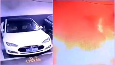 Tesla Model S Explodes in China: Electric Car Burst Into Flames in Parking Lot; Investigation Underway (Watch Viral Video)