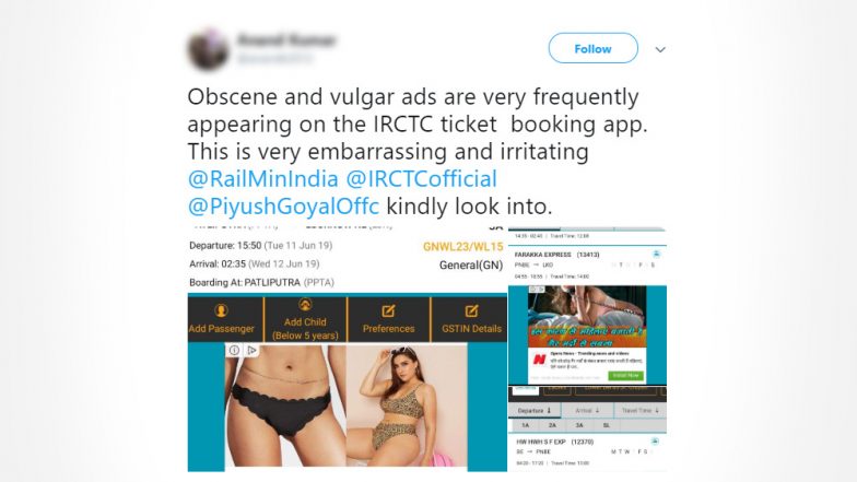 Man Tweets Complain to IRCTC About ‘Obscene and Vulgar’ Ads on the Ticket Booking App; Gets Embarrassing Reply From Indian Railways