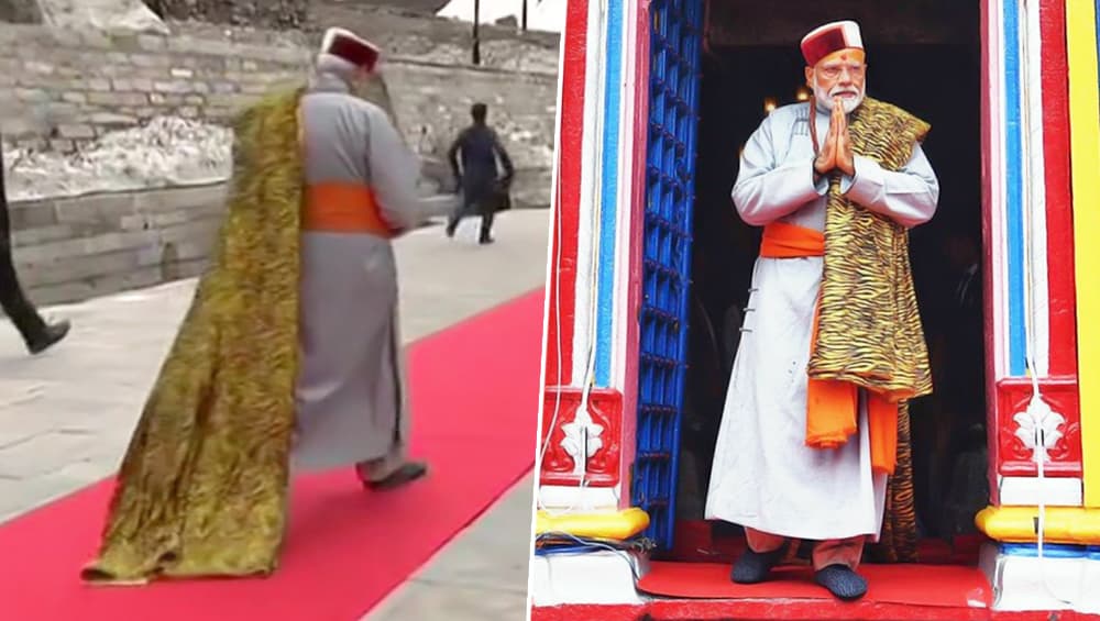 Narendra Modi's Kedarnath visit attire, leopard print shawl and grey cloak Narendra Modi's Kedarnath visit attire, leopard print shawl and grey cloak