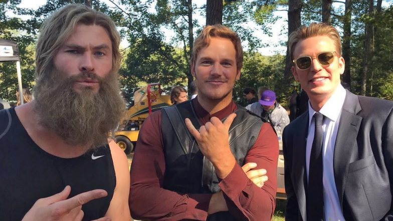 Avengers: Endgame BTS Still: Chris Hemsworth, Chris Pratt and Chris Evans Pose Together and Marvel Fans Can't Get Over this 'Beautiful Trinity'