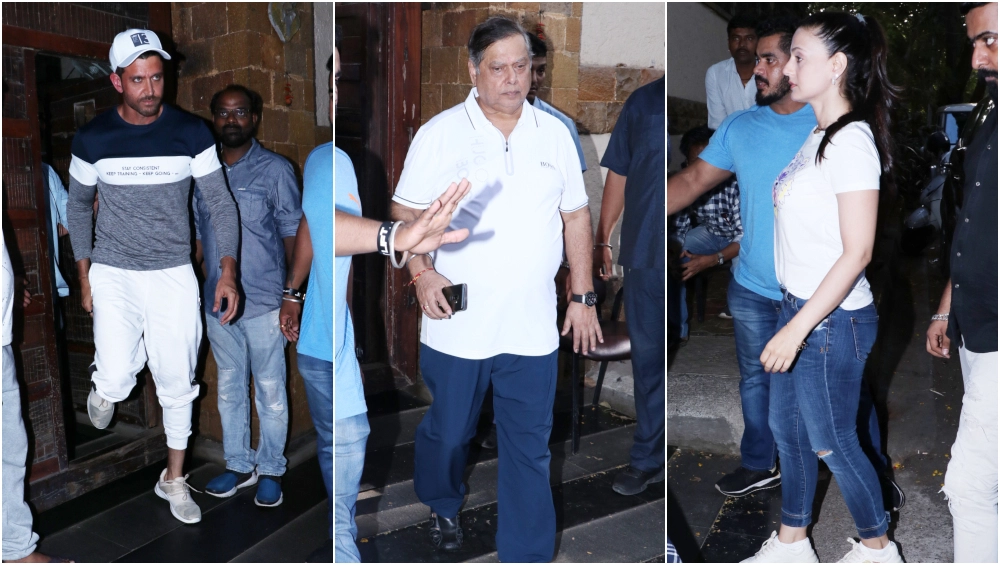 Hrithik Roshan, David Dhawan and Ameesha Patel at Ajay Devgn's residence.