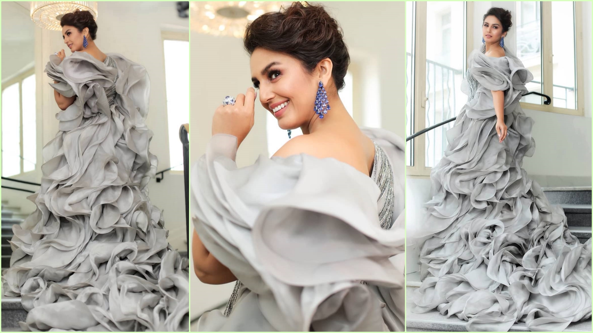 Huma Qureshi looked glamorous in an ivory gown, with a plunging neckline  and silver embellished bralette Photo