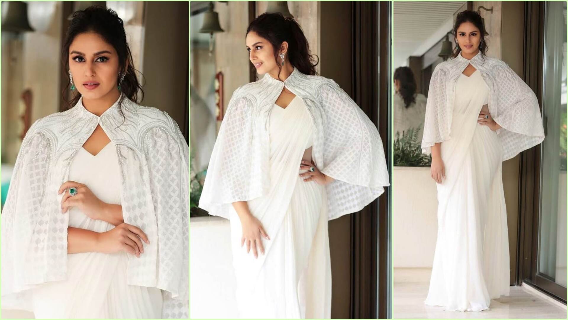 Huma in a Classic Ivory Saree With a Chikankari Cape by Gaurav Gupta ...