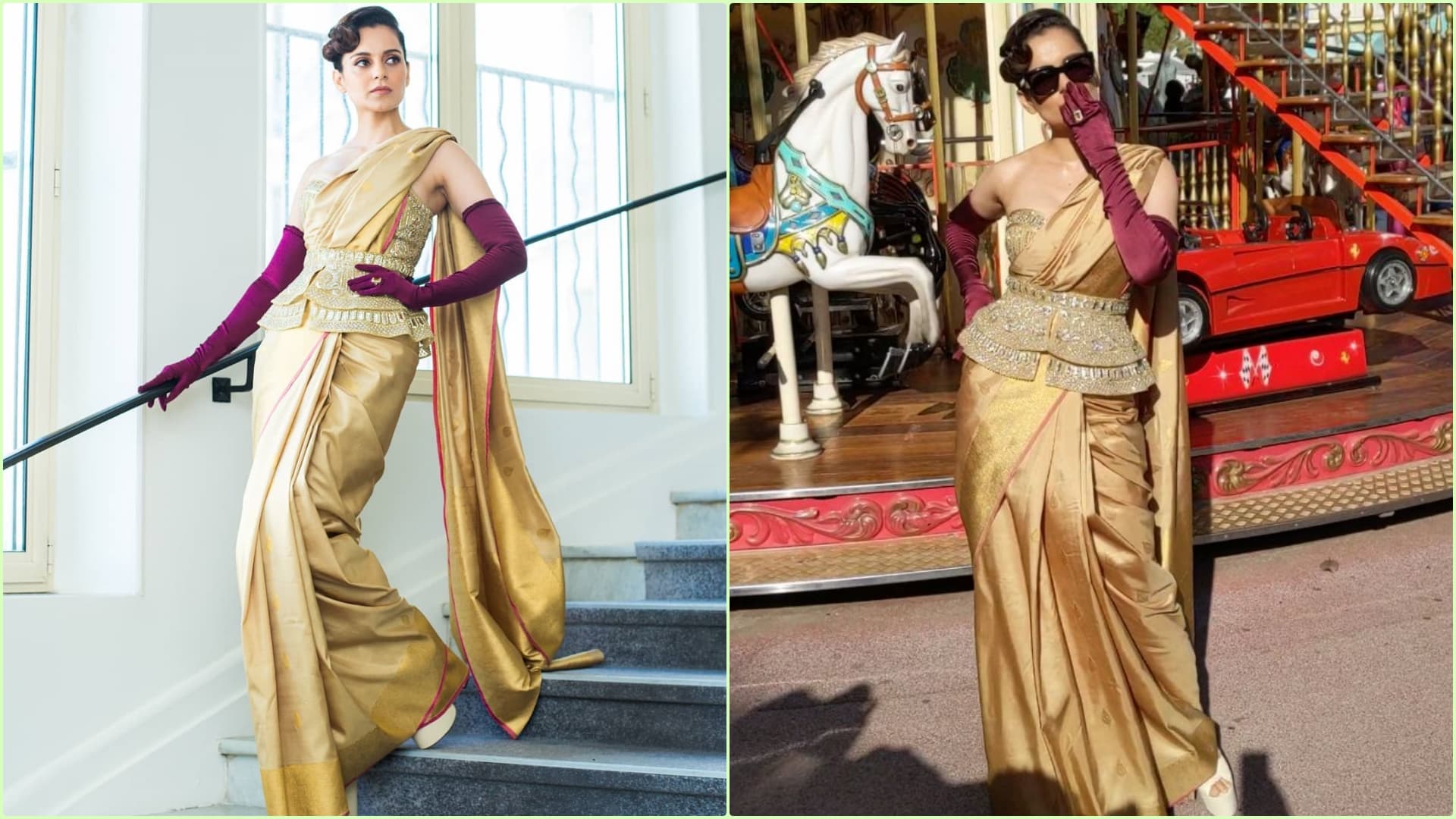 Kangana Ranaut Stuns in a Kanjeevaram Sari by Madhurya With a Custom Falguni Shane Peacock Corset and Purple Gloves Kangana Ranaut Stuns in a Kanjeevaram Sari by Madhurya With a Custom Falguni Shane Peacock Corset and Purple Gloves