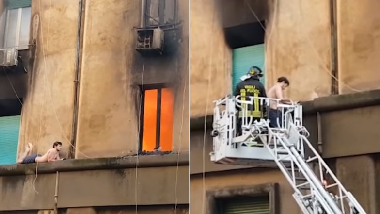 Man Clings to a Building on Fire, Firefighters Rescue Him on a Crane in Rome (Watch Dangerous Video)
