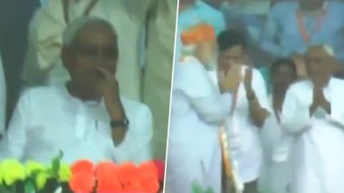 Nitish Kumar's Silence Amid PM Modi Leading Vande Mataram Chants at Darbhanga Rally Goes Viral, Watch Video