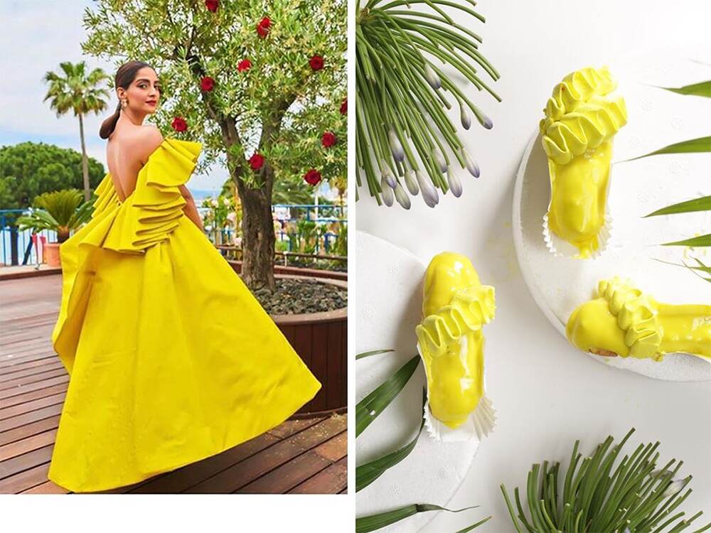 Sonam Kapoor's yellow Cannes outfit inspired lemon eclairs. Sonam Kapoor's yellow Cannes outfit inspired lemon eclairs.