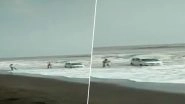 Car Lashed by Waves After Getting Stuck in Sand at Palghar Beach, Narrow Escape for Driver; Watch Video