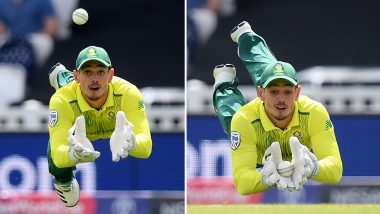 Quinton de Kock Catch Video: South African Wicket-Keeper Pulls Off a Spectacular Catch to Dismiss Soumya Sarkar During BAN vs SA ICC Cricket World Cup 2019 Match