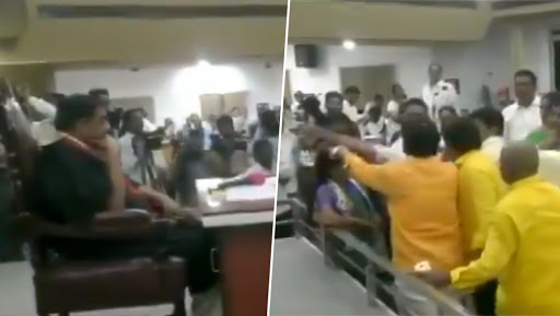 Andhra Pradesh: TDP, YSRCP Leaders Clash on Portraits in Vijayawada Municipal Corporation Meeting, Watch Video
