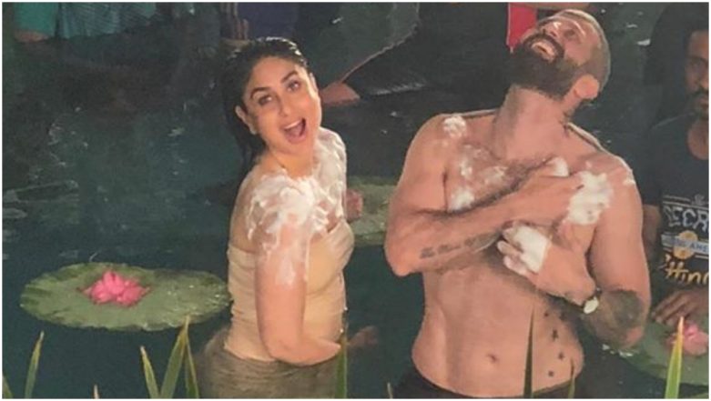 The picture shows Kareena in a fun mood on the sets despite shooting in a p...