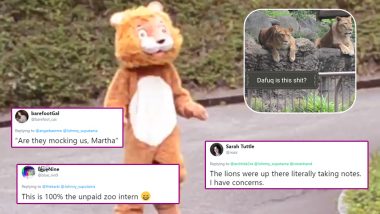 Viral Video of Real Lions Watching ‘Escape Lion Drill’ With a Man in Furry Suit at Tobe Zoo of Ehime in Japan Becomes Butt of All Jokes on Twitter!