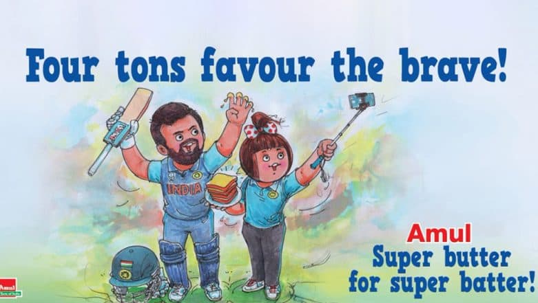Amul Congratulates Rohit Sharma for Scoring 4 Centuries in ICC Cricket World Cup 2019 With a Special Message for the Hitman; See Pic Amul Congratulates Rohit Sharma for Scoring 4 Centuries in ICC Cricket World Cup 2019 With a Special Message for the Hitman; See Pic