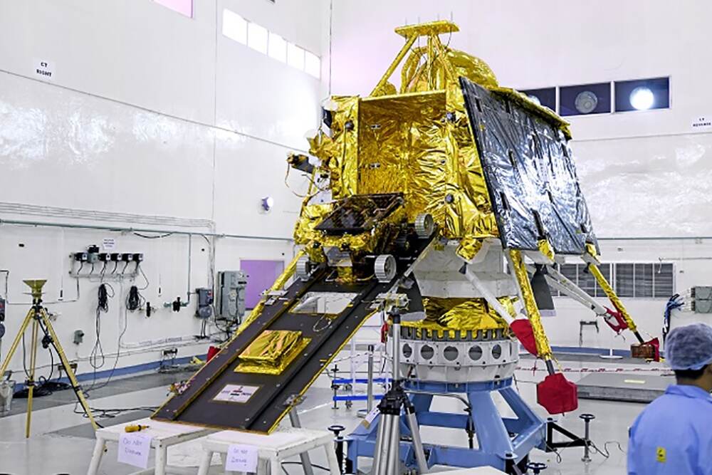 Pragyan Rover mounted on the ramp projecting from out of the sides of Vikram lander. (Photo Credit: ISRO)
