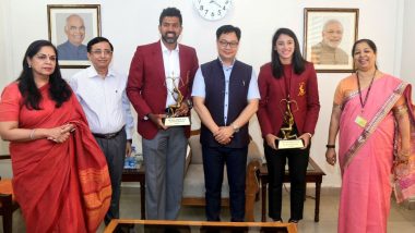 Sports Minister Kiren Rijiju Confers Arjuna Awards to Tennis Player Rohan Bopanna and Women Cricketer Smriti Mandhana