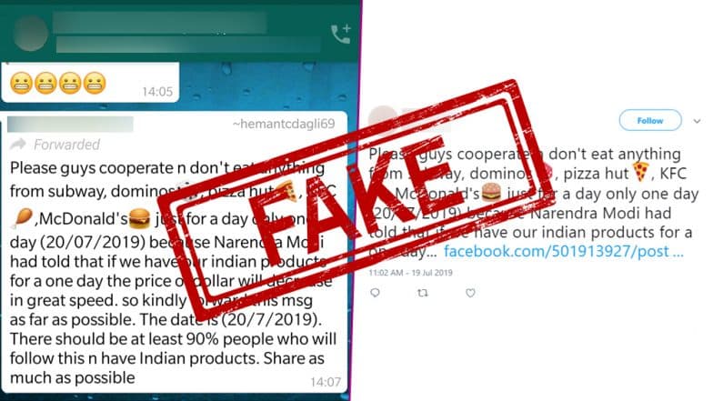 Fact Check: Not Buying From Dominos, KFC, Pizza Hut and McDonald’s Will Make Indian Rupee Stronger Than Dollar? Fake WhatsApp Forward Goes Viral