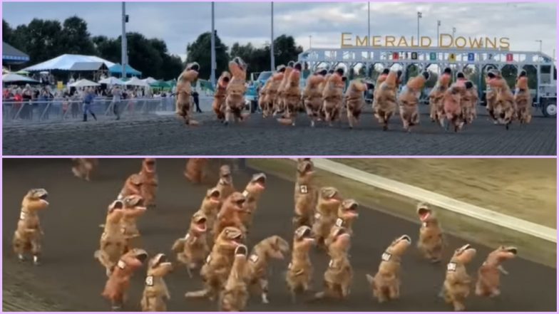 T-rex &lsquo;Dinosaurs&rsquo; Racing on Horse Track Is Making People Laugh, Hilarious Video Goes Viral