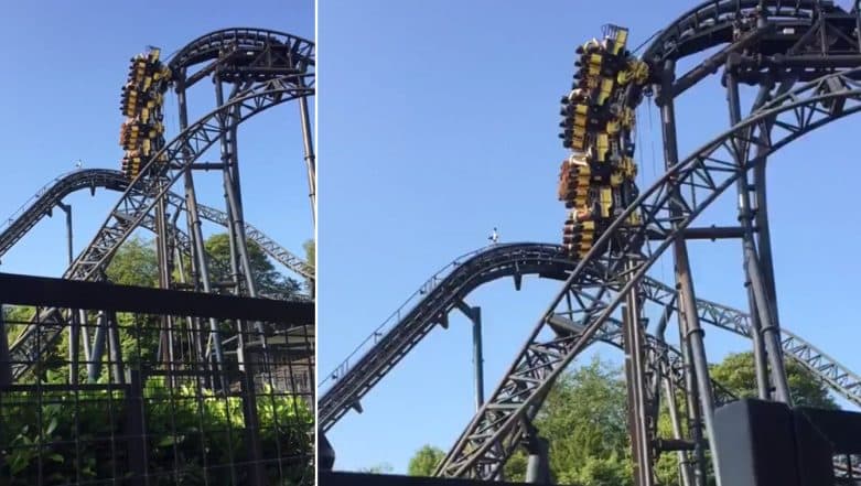 Viral video shows the Alton Towers Smiler roller coaster ride stopped midway. 