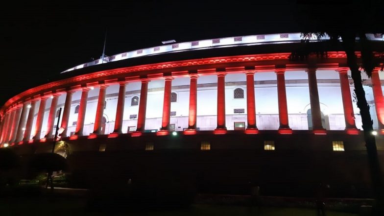 Parliament Building Lit Up in Celebration of Abrogation of Article 370 From Kashmir (Watch Video)