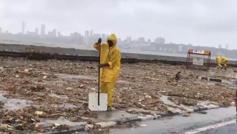 Marine Drive Promenade Covered in Plastic Waste and Garbage After High Tide in Mumbai