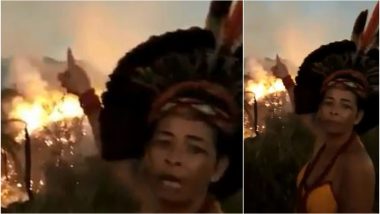 Amazon Rainforest Fires: Indigenous Brazilian Woman Cries in Anger Pointing at Forest Burning Behind Her (Watch Video)