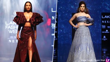 LFW Winter/Festive 2019 Day 5: Kangana Ranaut Sizzles in Ice Blue Lehenga, Malaika Arora Dazzles in Hot Oxblood Maroon Separates (View Pics)