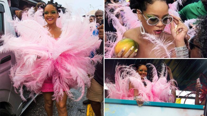 Rihanna Stuns Fans With Feather Covered Pink Look for Crop Over Festival