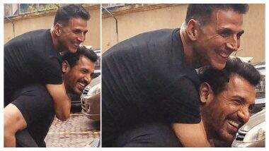 Akshay Kumar Piggybacks on John Abraham for an Adorable Pic, Says ‘Together We Are a Riot’