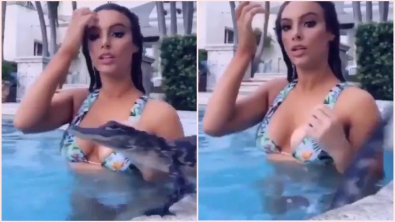 Woman Enjoying Pool Time Freaks Out When an Uninvited Baby Crocodile Joins Her in the Water (Watch Hilarious Video)